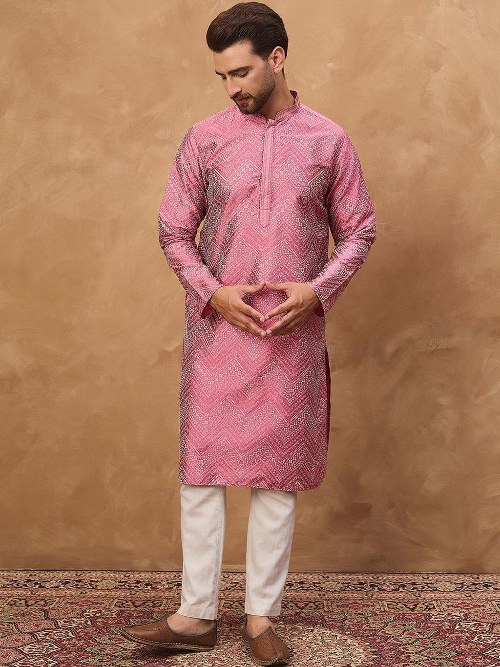 Men Pink Silk Blend Geometric Printed Straight Kurta With Pant Set-MKSET1532