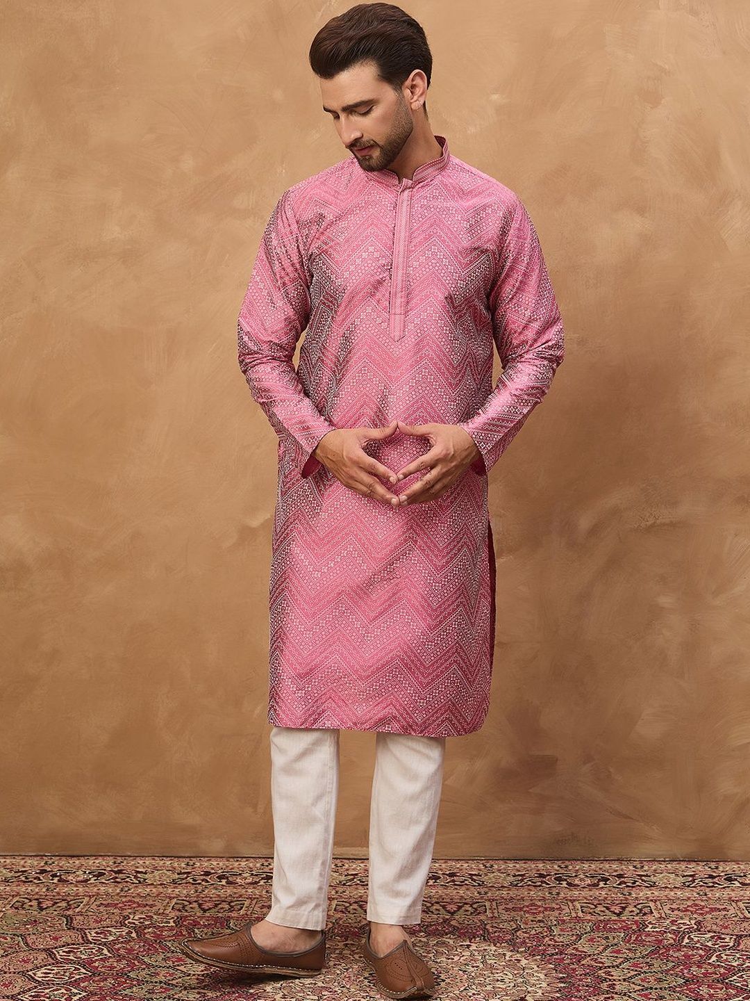 Men Pink Silk Blend Geometric Printed Straight Kurta With Pant Set-MKSET1532