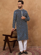 Men Green Silk Blend Batik Embroidered Straight Kurta With Pant Set-MKSET1514