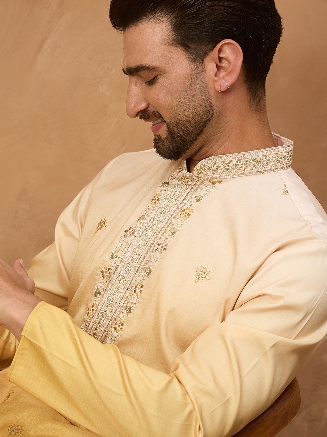 Men Yellow Silk Blend Solid Embroidered Straight Kurta With Pant Set-MKSET1486