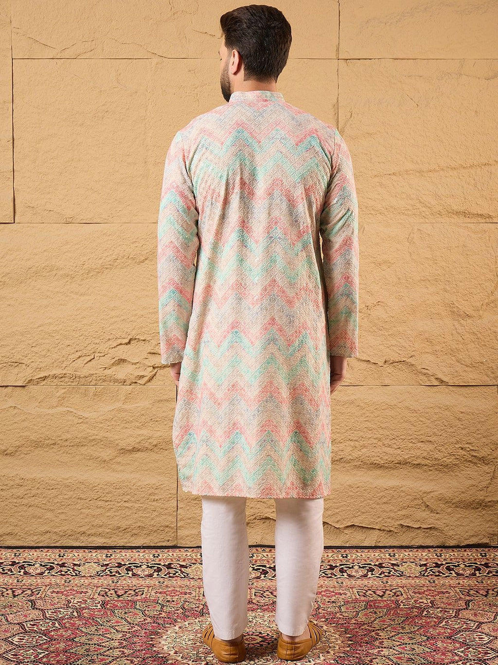Men Multicolour Viscose Rayon Geometric Embroidered Straight Kurta With Pant Set-MKSET1193