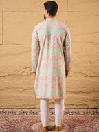 Men Multicolour Viscose Rayon Geometric Embroidered Straight Kurta With Pant Set-MKSET1193