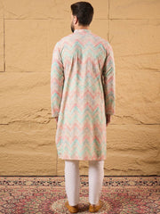 Men Multicolour Viscose Rayon Geometric Embroidered Straight Kurta With Pant Set-MKSET1193
