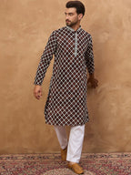 Men Brown Viscose Rayon Solid Embroidered Straight Kurta With Pant Set-MKSET1536