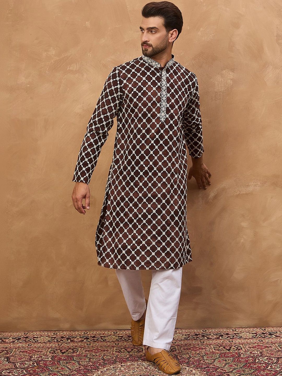 Men Brown Viscose Rayon Solid Embroidered Straight Kurta With Pant Set-MKSET1536