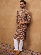 Men Brown Viscose Rayon Solid Embroidered Straight Kurta With Pant Set-MKSET1535