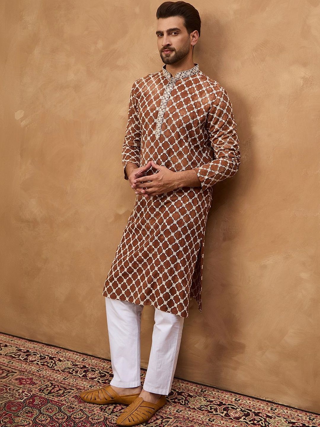 Men Brown Viscose Rayon Solid Embroidered Straight Kurta With Pant Set-MKSET1535