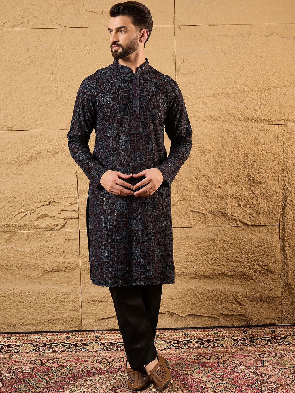 Mens Black Viscose Rayon Geometric Embroidered Chikankari Straight Kurta With Pant Set-MKSET1166