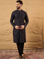 Mens Black Viscose Rayon Geometric Embroidered Chikankari Straight Kurta With Pant Set-MKSET1166