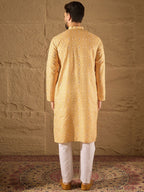 Men Yellow Silk Blend Ethnic Motif Embroidered Straight Kurta With Pant Set-MKSET1304