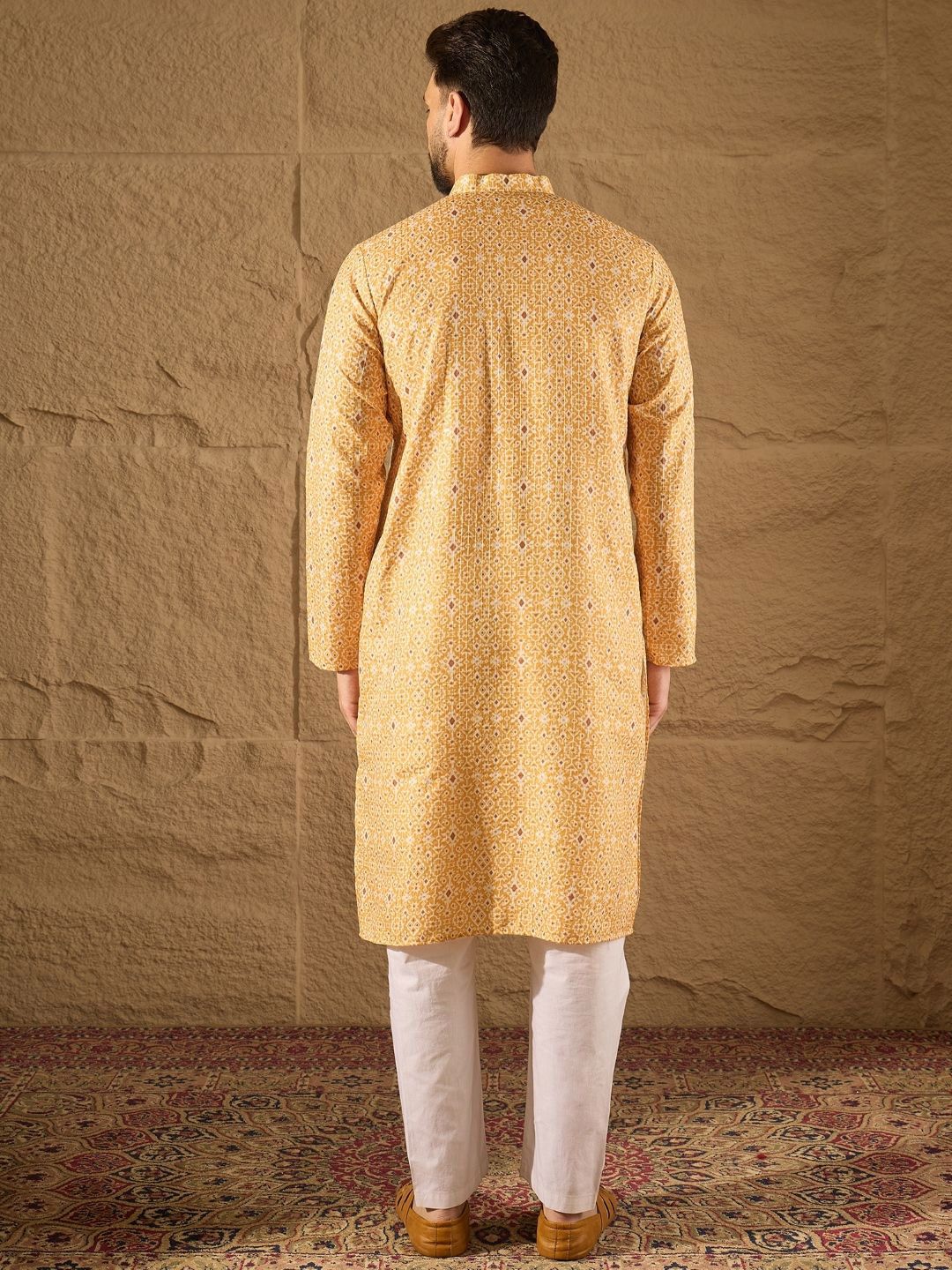 Men Yellow Silk Blend Ethnic Motif Embroidered Straight Kurta With Pant Set-MKSET1304