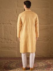 Men Yellow Silk Blend Ethnic Motif Embroidered Straight Kurta With Pant Set-MKSET1304