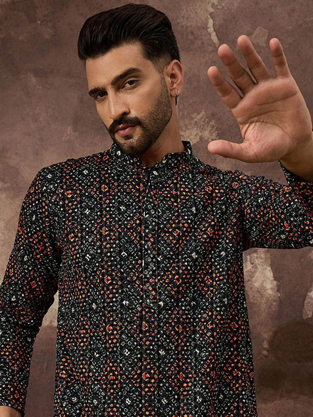 Men Black Viscose Rayon Bandhani Embroidered Straight Kurta With Pant Set-MKSET1402