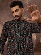 Men Black Viscose Rayon Bandhani Embroidered Straight Kurta With Pant Set-MKSET1402