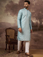 Men Blue Silk Blend Solid Embroidered Straight Kurta With Pant Set-MKSET1365