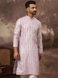Men Lavender Silk Blend Solid Embroidered Straight Kurta With Pant Set-MKSET1359
