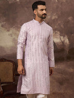 Men Lavender Silk Blend Solid Embroidered Straight Kurta With Pant Set-MKSET1359