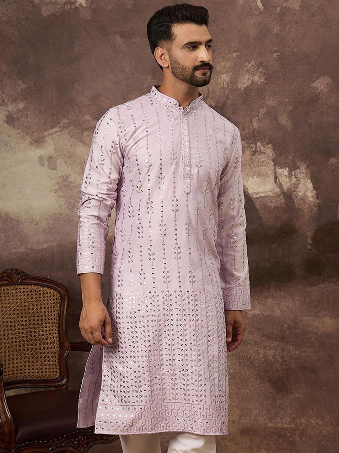 Men Lavender Silk Blend Solid Embroidered Straight Kurta With Pant Set-MKSET1359