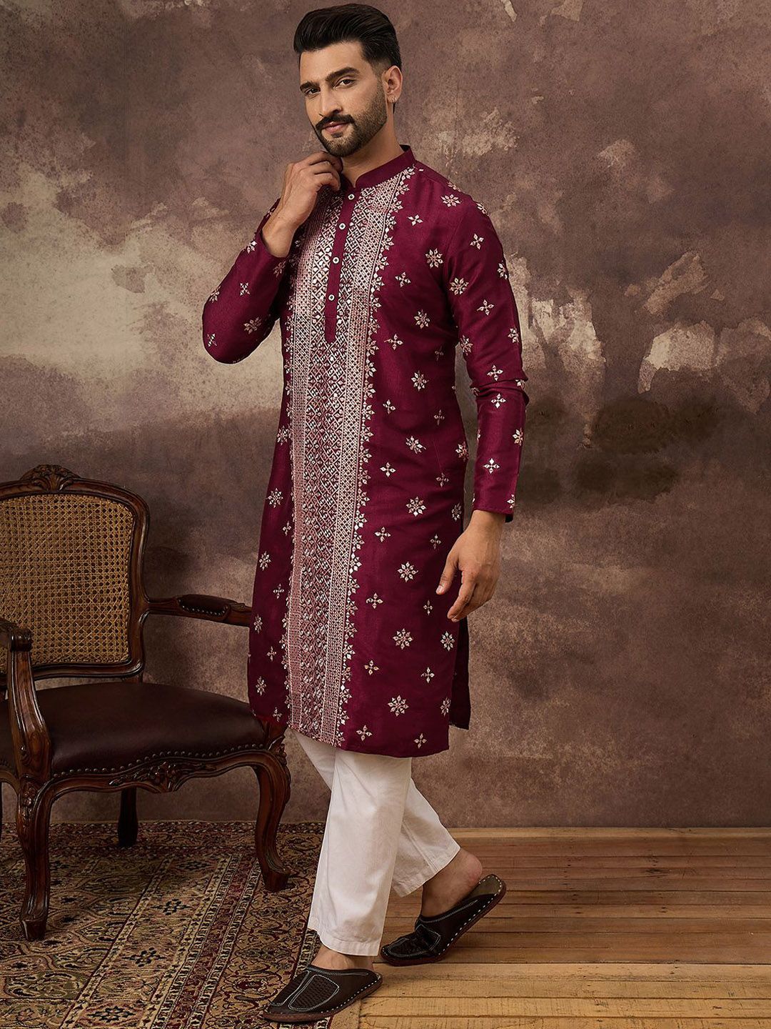 Men Maroon Silk Blend Solid Embroidered Straight Kurta With Pant Set-MKSET1369