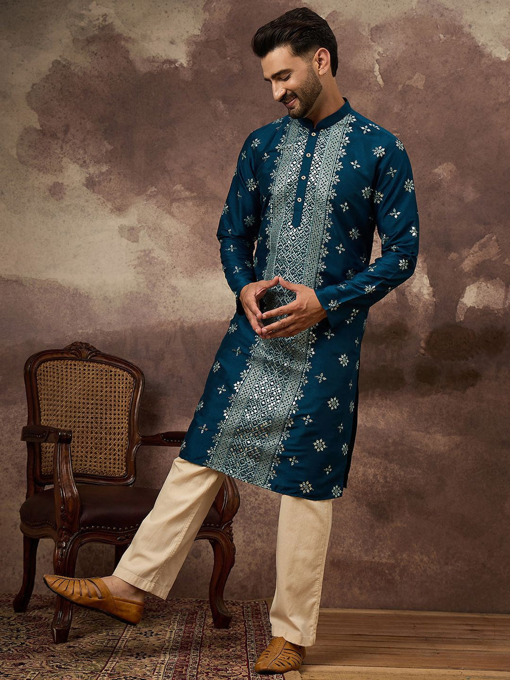 Men Blue Silk Blend Solid Embroidered Straight Kurta With Pant Set-MKSET1371