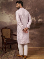 Men Lavender Silk Blend Solid Embroidered Straight Kurta With Pant Set-MKSET1359