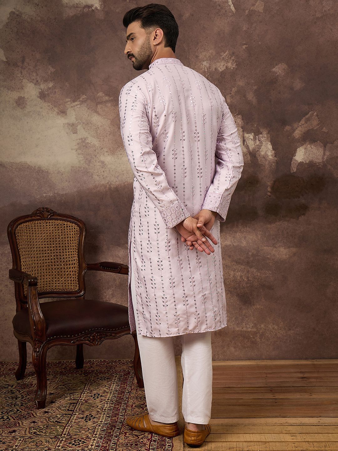 Men Lavender Silk Blend Solid Embroidered Straight Kurta With Pant Set-MKSET1359
