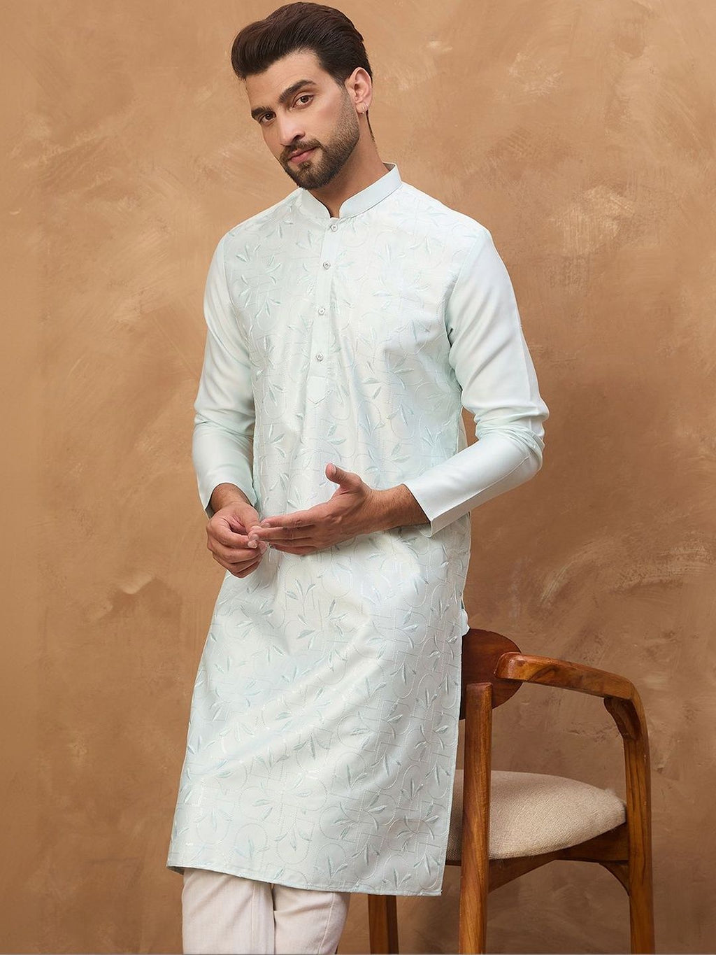 Men Blue Silk Blend Solid Embroidered Straight Kurta With Pant Set-MKSET1446