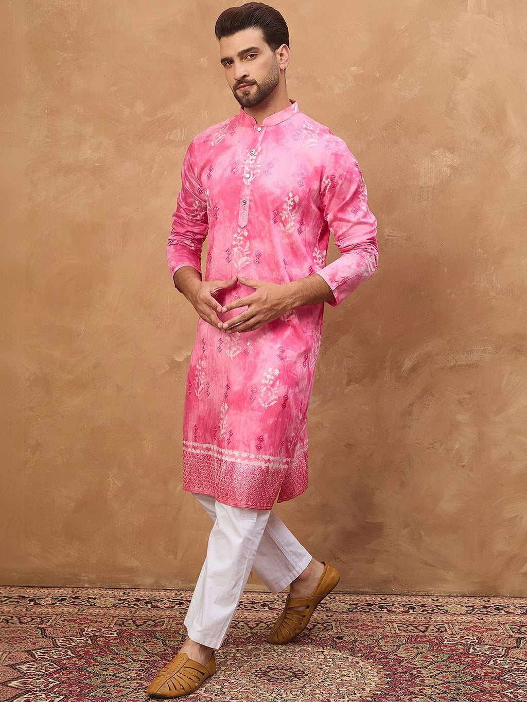 Men Pink Silk Blend Batik Embroidered Straight Kurta With Pant Set-MKSET1515