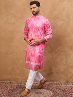 Men Pink Silk Blend Batik Embroidered Straight Kurta With Pant Set-MKSET1515