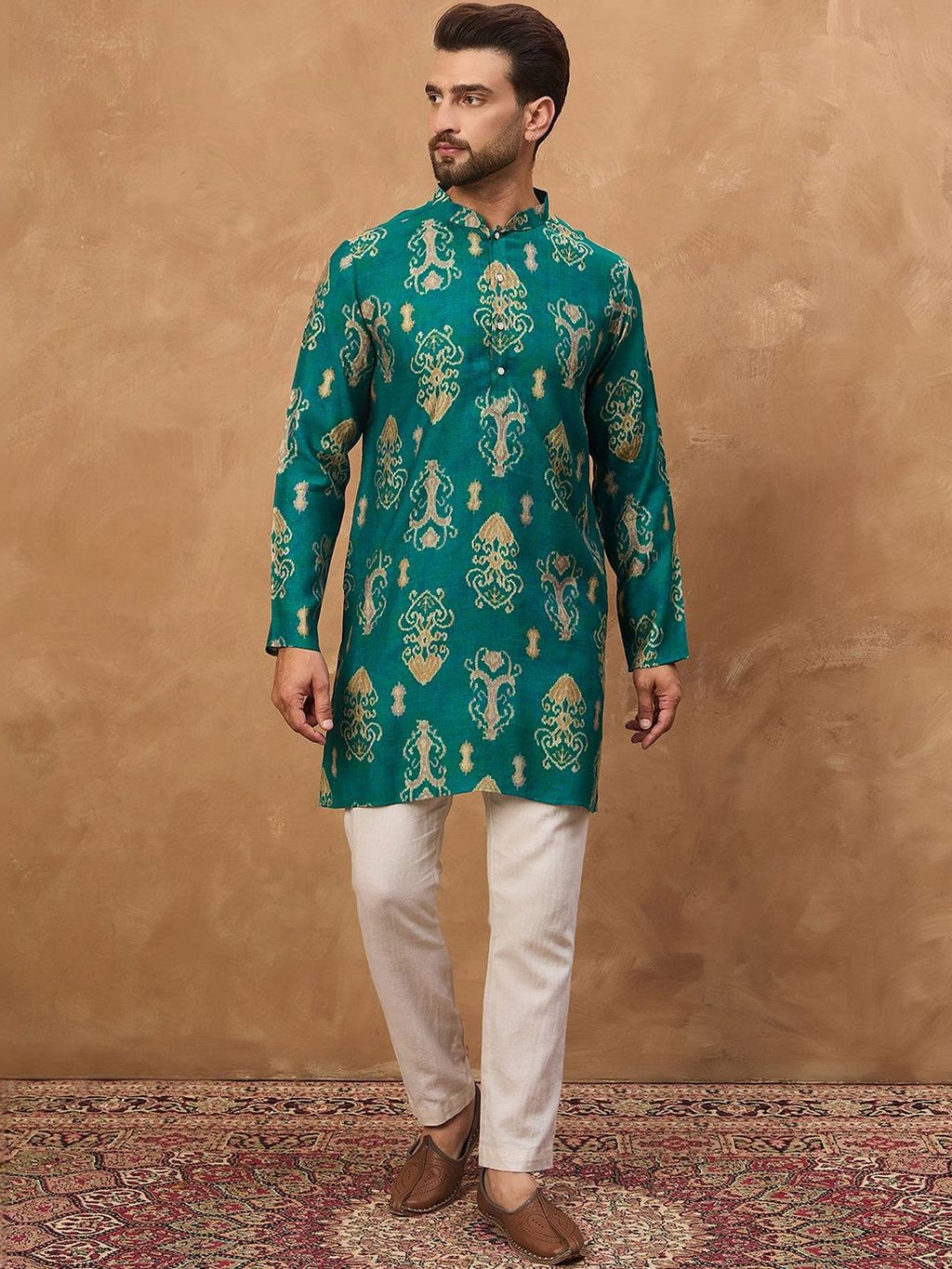 Men Blue Viscose Rayon Ikat Printed Straight Kurta With Pant Set-MKSET1546
