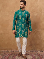 Men Blue Viscose Rayon Ikat Printed Straight Kurta With Pant Set-MKSET1546