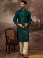 Men Teal Silk Blend Solid Embroidered Straight Kurta With Pant Set-MKSET1357