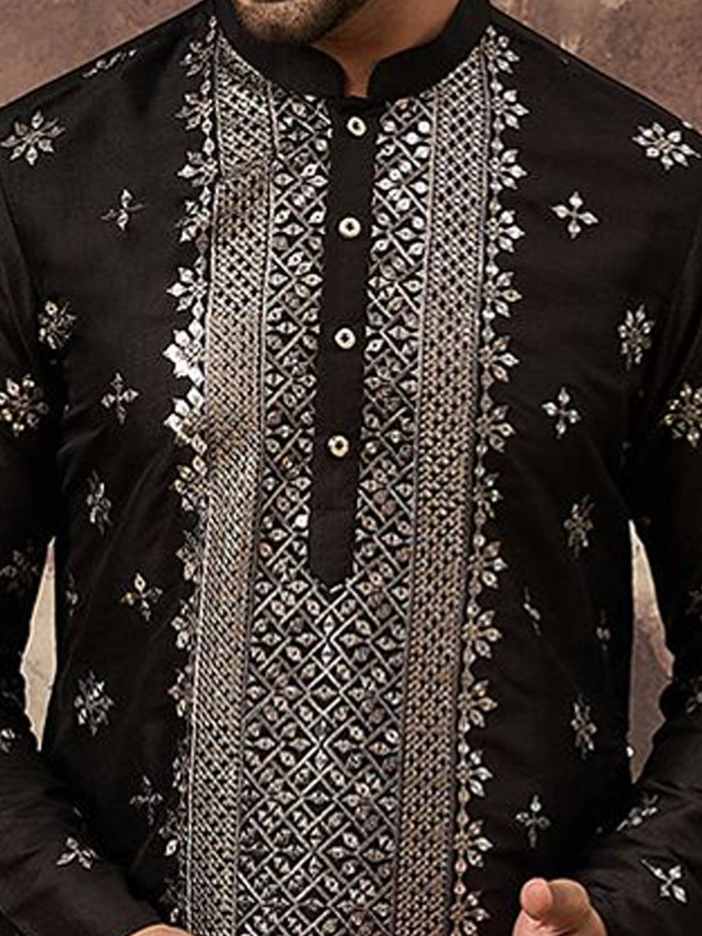 Men Black Silk Blend Solid Embroidered Straight Kurta With Pant Set-MKSET1370