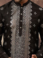 Men Black Silk Blend Solid Embroidered Straight Kurta With Pant Set-MKSET1370