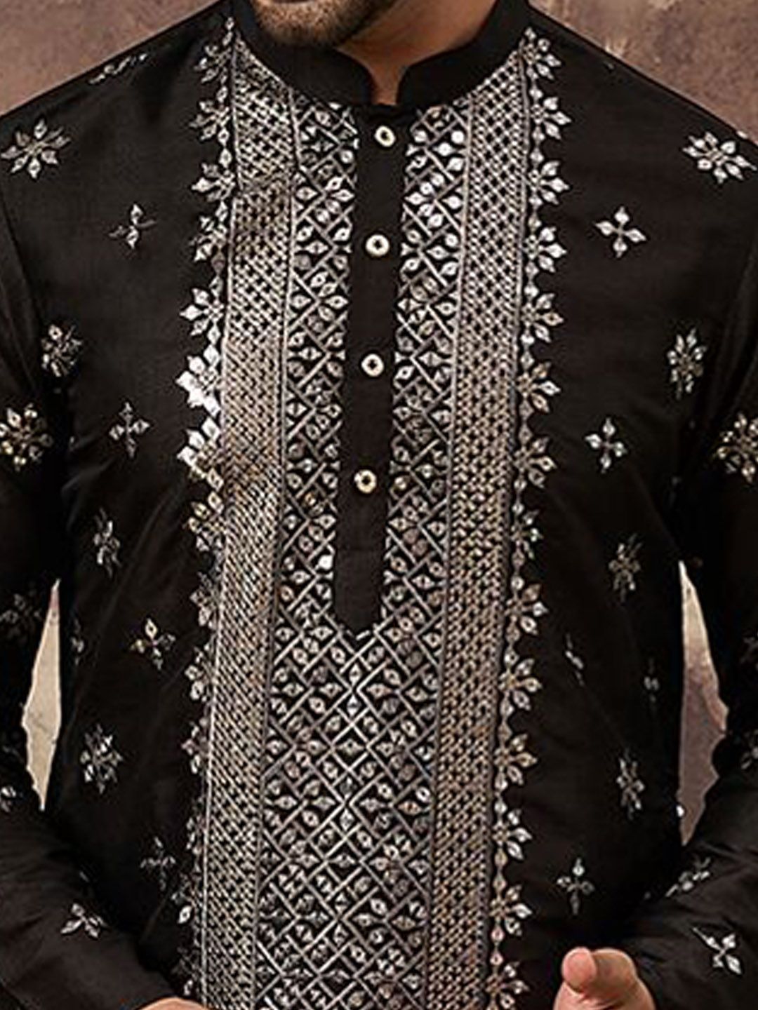 Men Black Silk Blend Solid Embroidered Straight Kurta With Pant Set-MKSET1370