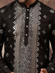 Men Black Silk Blend Solid Embroidered Straight Kurta With Pant Set-MKSET1370