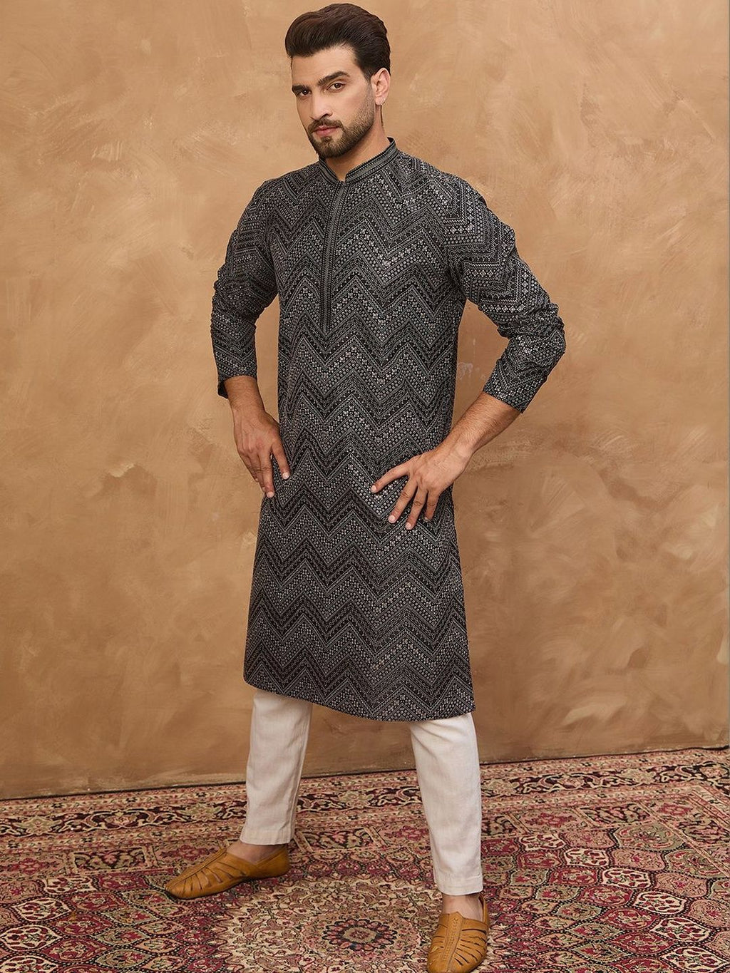Men Black Silk Blend Geometric Printed Straight Kurta With Pant Set-MKSET1520