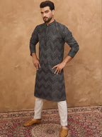 Men Black Silk Blend Geometric Printed Straight Kurta With Pant Set-MKSET1520
