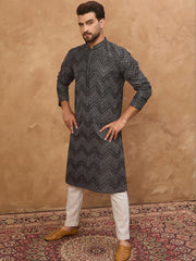 Men Black Silk Blend Geometric Printed Straight Kurta With Pant Set-MKSET1520
