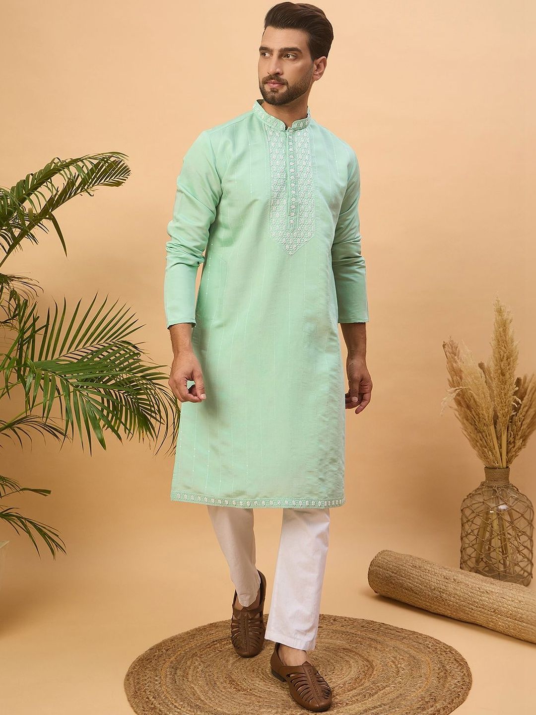 Men Blue Silk Blend Solid Embroidered Straight Kurta With Pant Set-MKSET1508
