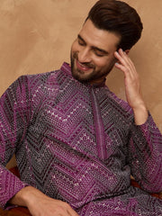 Men Purple Silk Blend Geometric Printed Straight Kurta With Pant Set-MKSET1521