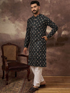 Men Black Viscose Rayon Geometric Embroidered Straight Kurta With Pant Set-MKSET1403