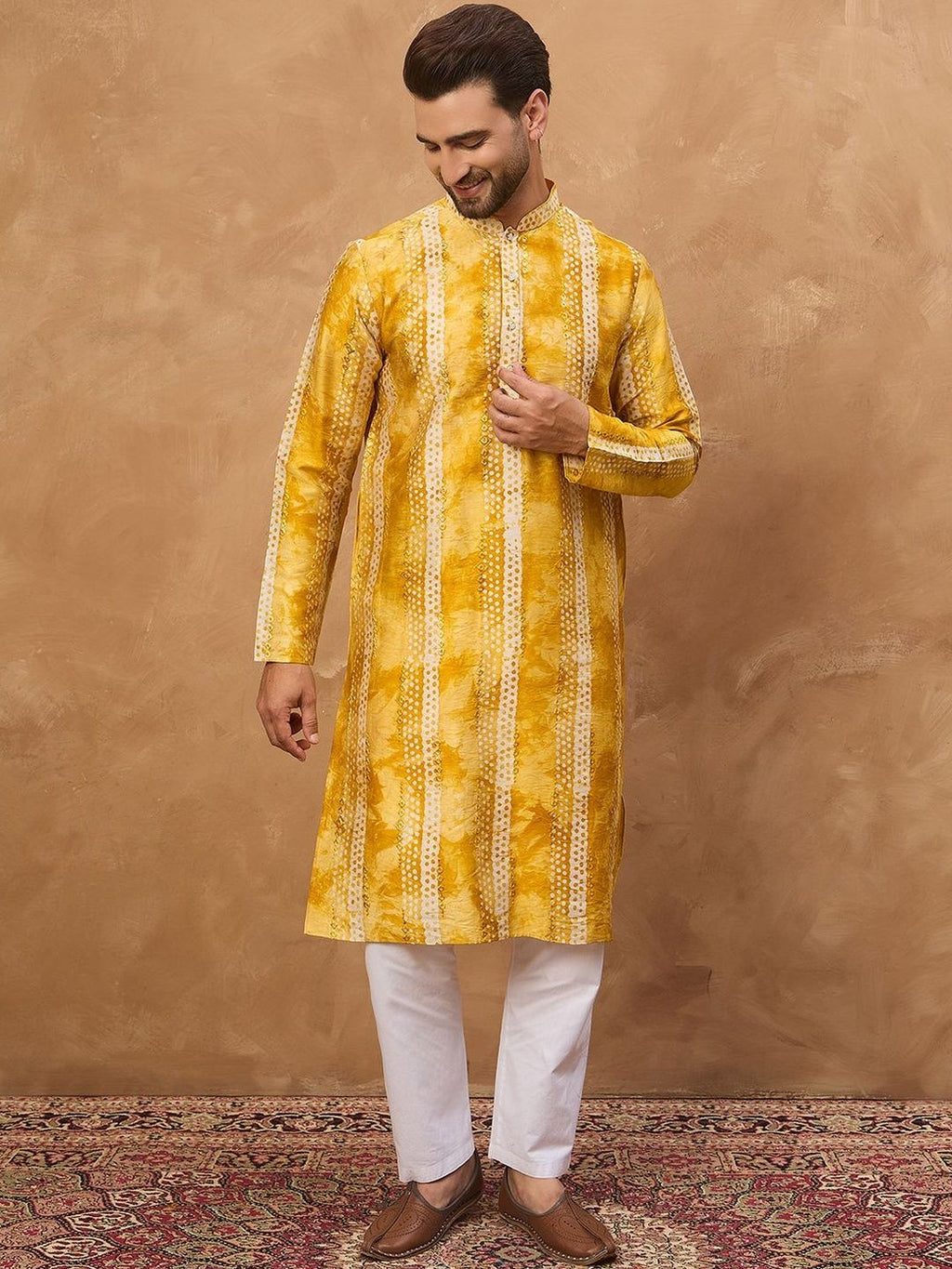 Men Yellow Silk Blend Shibori Embroidered Straight Kurta With Pant Set-MKSET1540