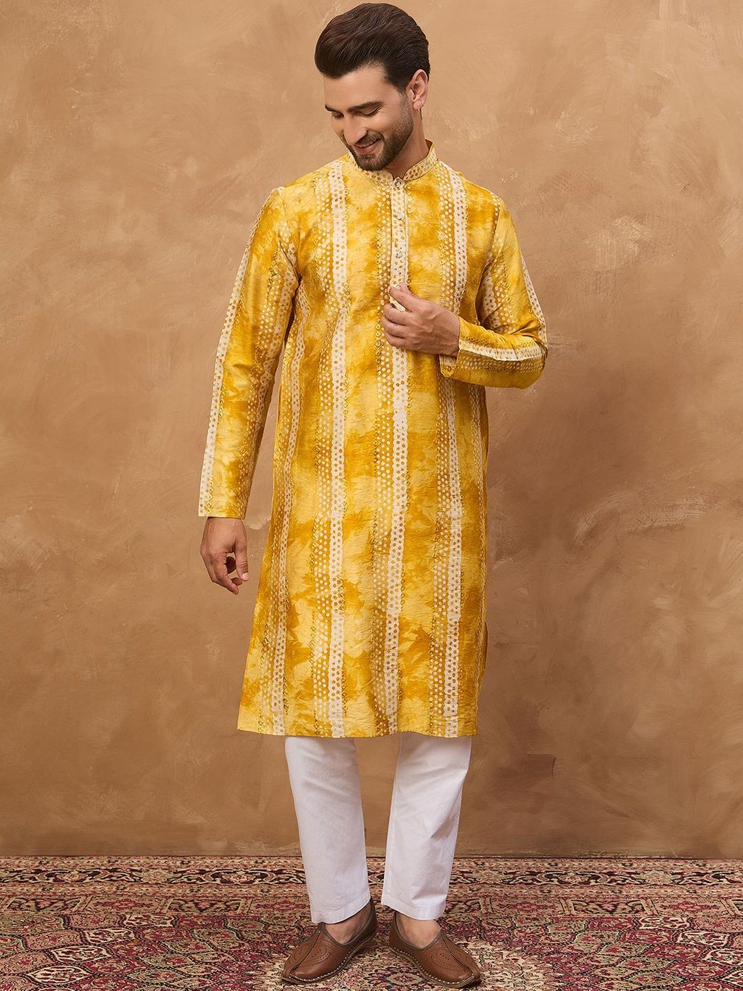 Men Yellow Silk Blend Shibori Embroidered Straight Kurta With Pant Set-MKSET1540