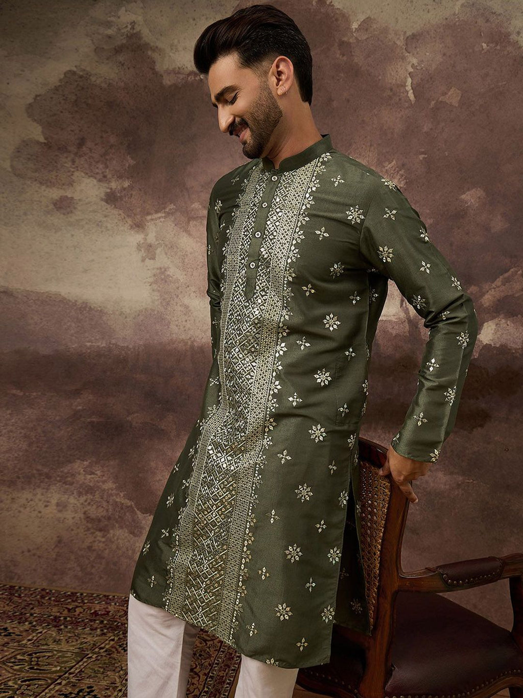 Men Green Silk Blend Solid Embroidered Straight Kurta With Pant Set-MKSET1419