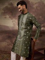 Men Green Silk Blend Solid Embroidered Straight Kurta With Pant Set-MKSET1419