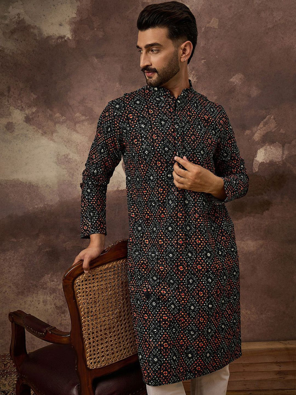 Men Black Viscose Rayon Bandhani Embroidered Straight Kurta With Pant Set-MKSET1402
