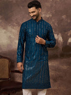 Men Blue Silk Blend Solid Embroidered Straight Kurta With Pant Set-MKSET1358