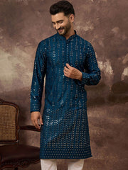Men Blue Silk Blend Solid Embroidered Straight Kurta With Pant Set-MKSET1358