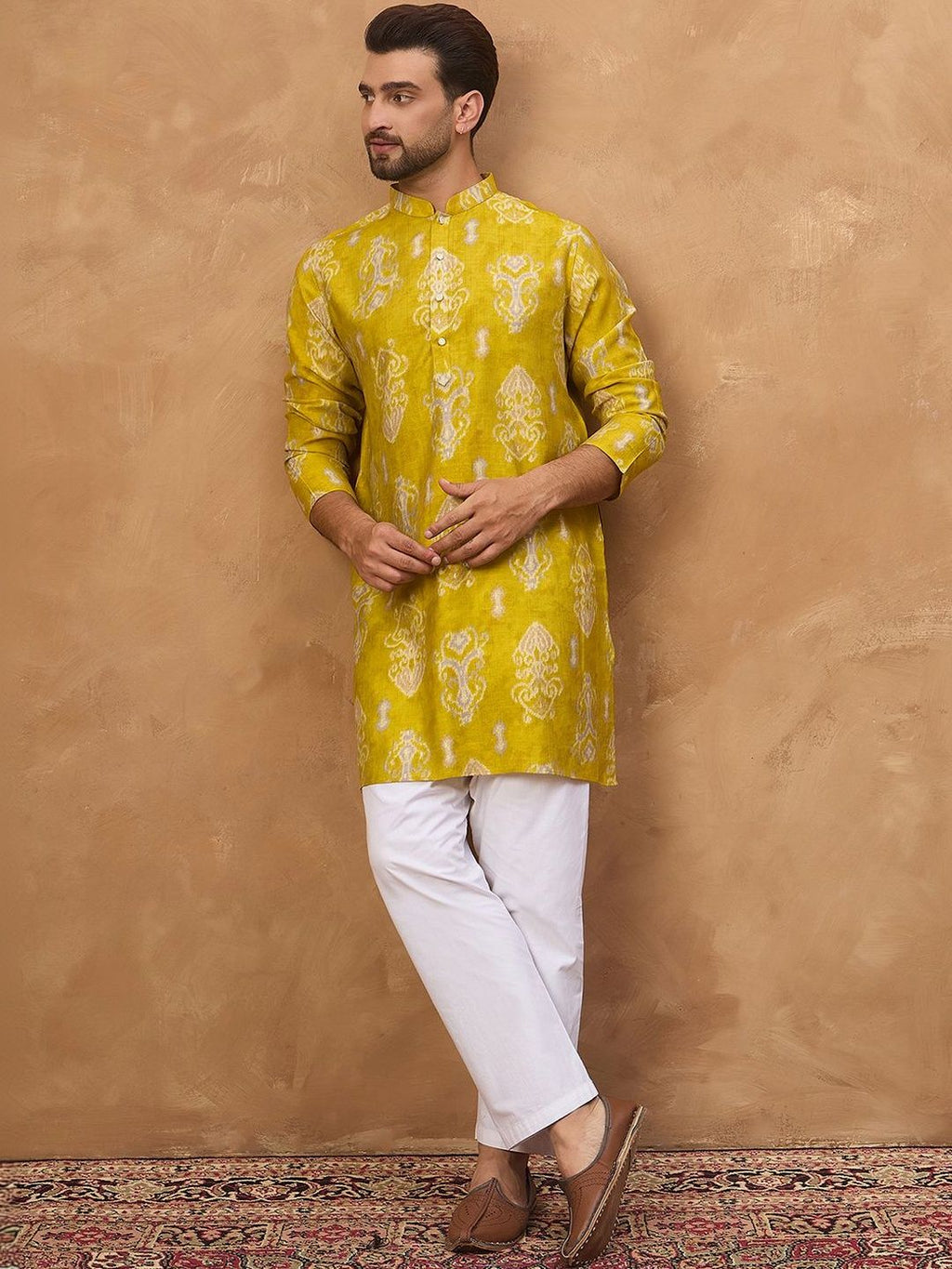 Men Yellow Viscose Rayon Ikat Printed Straight Kurta With Pant Set-MKSET1543